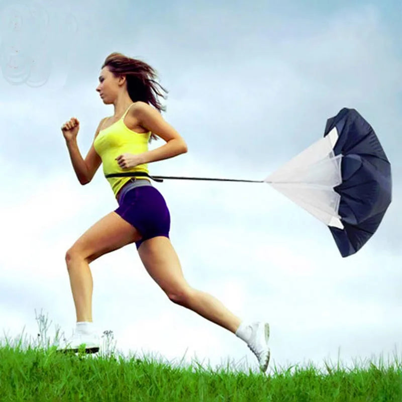 A woman running with the drag parachute 