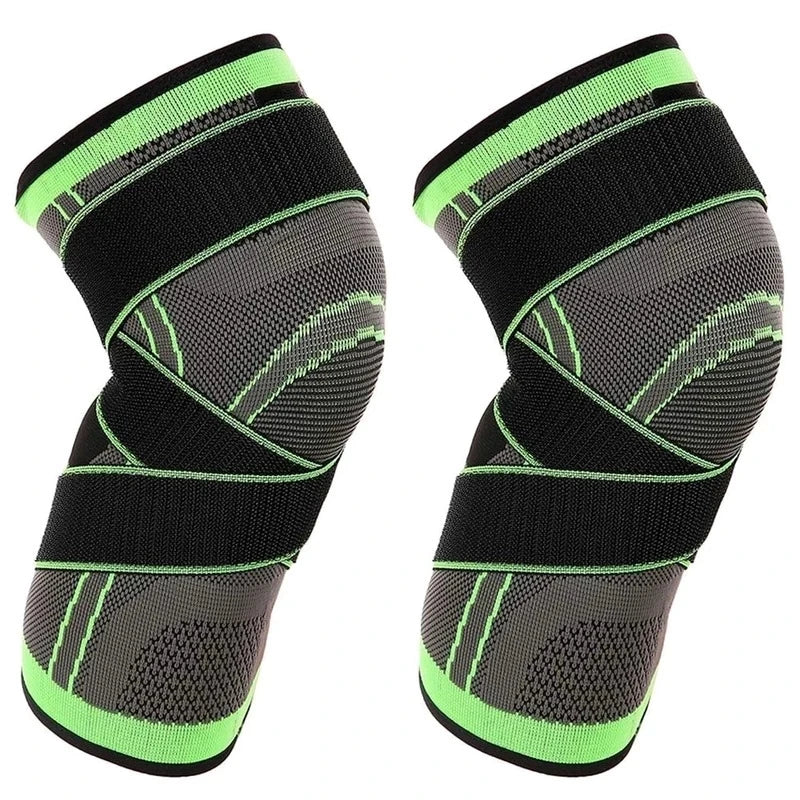Two strapped knee supports designed for knee pain relief, featuring a black and green color scheme