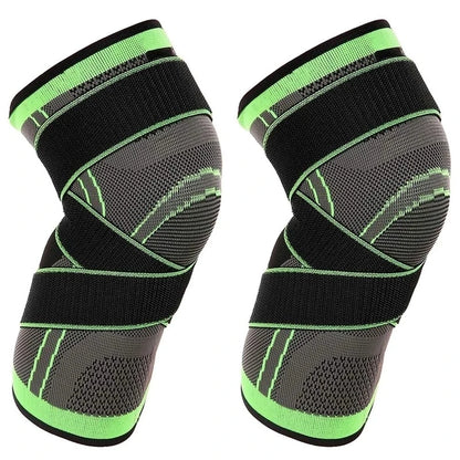 Two strapped knee supports designed for knee pain relief, featuring a black and green color scheme